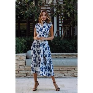 NWT Anne Louise Boutique Gardenia Floral Ruffled A-Line Midi Dress Blue/White 2